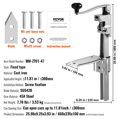 VEVOR Manual Can Opener, Commercial Table Opener for Large Cans, Heavy Duty Can Opener with Base, Adjustable Height Industrial Jar Opener For Cans Up to 11.8" Tall, for Restaurant Hotel Home Bar