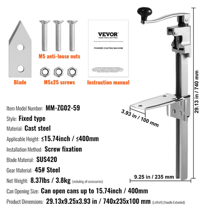 VEVOR Manual Can Opener, Commercial Table Opener for Large Cans, Heavy Duty Can Opener with Base, Adjustable Height Industrial Jar Opener For Cans Up to 15.7" Tall, for Restaurant Hotel Home Bar