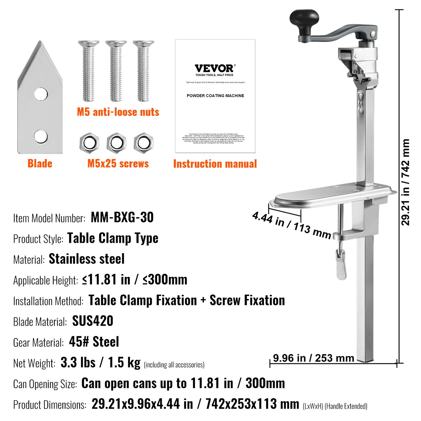 VEVOR Manual Can Opener, Commercial Table Clamp Opener for Large Cans, Heavy Duty Can Opener with Base, Adjustable Height Industrial Jar Opener For Cans Up to 11.8" Tall, for Restaurant Hotel Home Bar