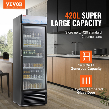 VEVOR Commercial Merchandiser Refrigerator, 14.8 Cu.Ft / 420L Beverage Refrigerator Cooler Merchandiser, Glass Door Display Refrigerator Upright Fridge with 5 Adjustable Shelves, Customizable Lightbox