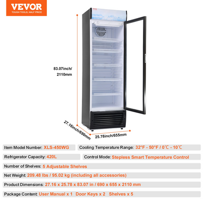 VEVOR Commercial Merchandiser Refrigerator, 14.8 Cu.Ft / 420L Beverage Refrigerator Cooler Merchandiser, Glass Door Display Refrigerator Upright Fridge with 5 Adjustable Shelves, Customizable Lightbox