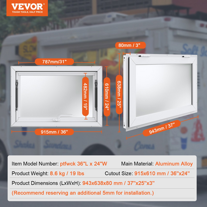 VEVOR Concession Window 36"x24", Aluminum Alloy Food Truck Service Window with Awning Door & Drag Hook, Up to 85 Degrees Stand Serving Window for Food Trucks Concession Trailers, Glass Not Included