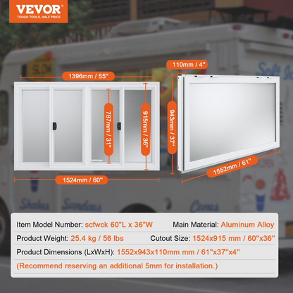 VEVOR Concession Window 60"x36", Aluminum Alloy Food Truck Service Window with 4 Horizontal Sliding Windows & Awning Door & Drag Hook, Up to 85 Degrees Serving Window for Food Truck Concession Trailer