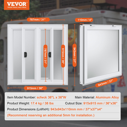 VEVOR Concession Window 36"x36", Aluminum Alloy Food Truck Service Window with 4 Horizontal Sliding Windows & Awning Door & Drag Hook, Up to 85 Degrees Serving Window for Food Truck Concession Trailer