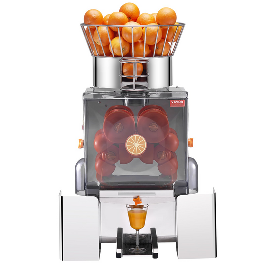 VEVOR Commercial Orange Juicer Machine, 120W Automatic Feeding Juice Extractor, Stainless Steel Juice Extractor for 25 Oranges Per Minute, with Pull-Out Filter Box, PC Cover, 2 Peel Collecting Buckets