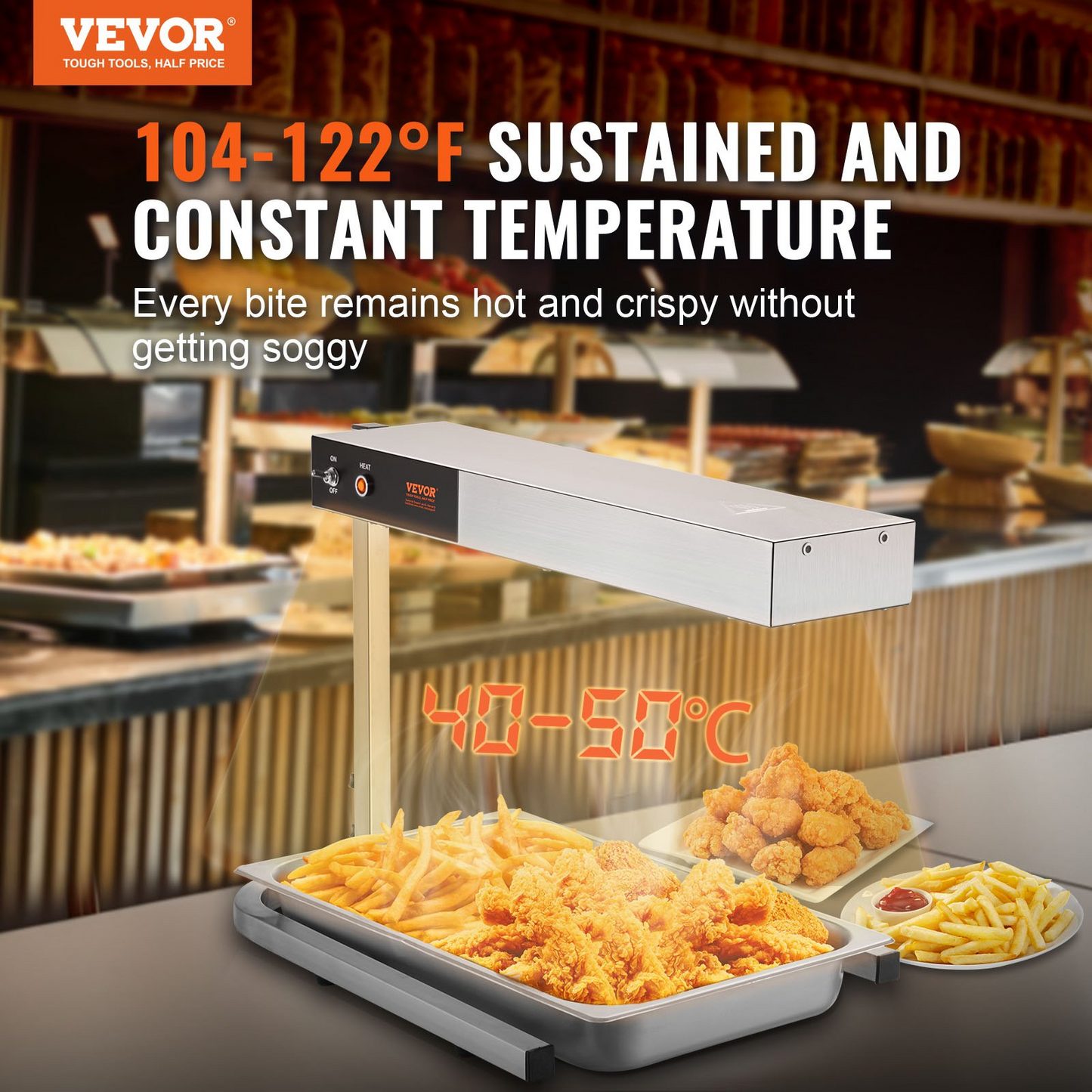 VEVOR French Fry Food Warmer, 750W Commercial Strip Food Heating Lamp, Electric Stainless Steel Warming Light Dump Station, Countertop 104-122°F Fries Warmer for Chip Buffet Kitchen Restaurant, Silver