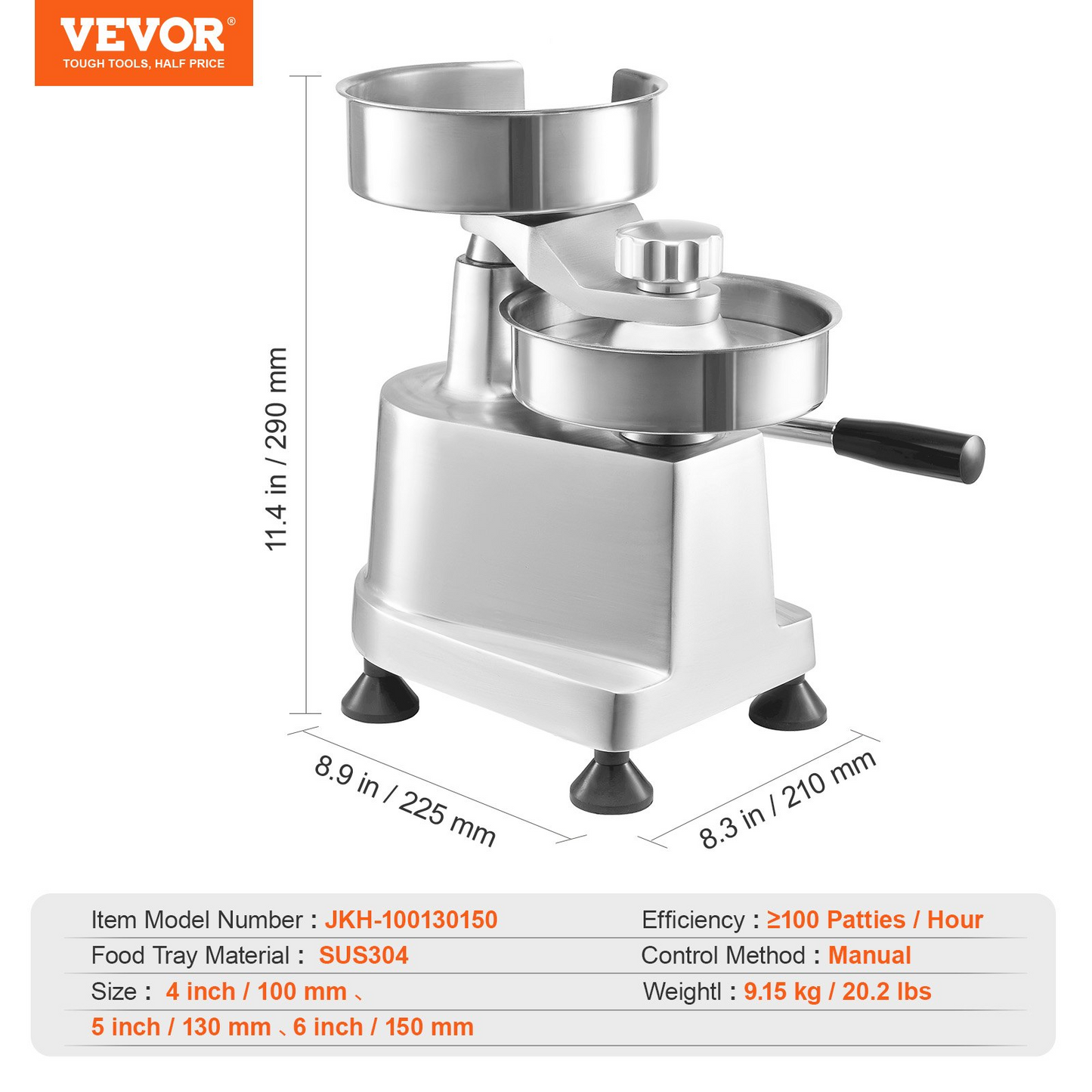 VEVOR Commercial Burger Patty Maker, Hamburger Beef Patty Maker with 3 Convertible Mold(4/5/6-inch), Heavy Duty Stainless Steel Burger Press Machine, Meat Forming Processor with 1500 Pcs Patty Papers