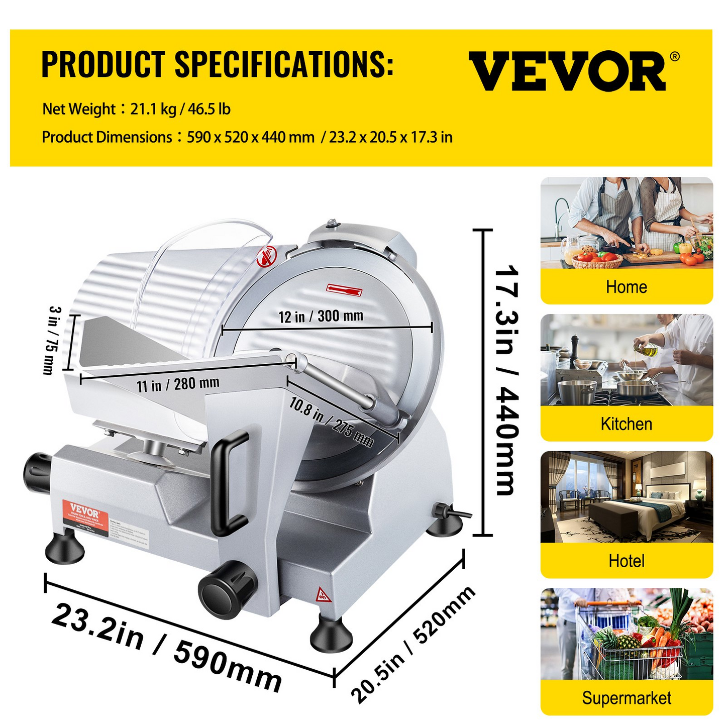 VEVOR Commercial Meat Slicer, 320W Electric Deli Food Slicer, 12 inch Carbon Steel Blade Electric Food Slicer, 350-400RPM Meat Slicer, 0-0.6 inch Adjustable Thickness for Meat, Cheese, Veggies, Ham