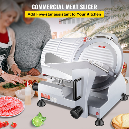 VEVOR 240W Commercial Meat Slicer, Electric Deli Food Slicer, 10" Carbon Steel Blade Electric Food Slicer, 350-400RPM Meat Slicer, 0 - 0.47 inch Thickness Adjustable for Commercial and Home Use