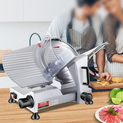 VEVOR 240W Commercial Meat Slicer, Electric Deli Food Slicer, 10" Carbon Steel Blade Electric Food Slicer, 350-400RPM Meat Slicer, 0 - 0.47 inch Thickness Adjustable for Commercial and Home Use