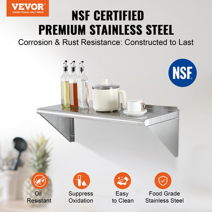 VEVOR 12" x 36" Stainless Steel Shelf, Wall Mounted Floating Shelving with Brackets, 250 lbs Load Capacity Commercial Shelves, Heavy Duty Storage Rack for Restaurant, Kitchen, Bar, Home, and Hotel