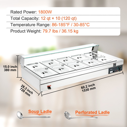 VEVOR 10-Pan Commercial Food Warmer, 10 x 12QT Electric Steam Table with Tempered Glass Cover, 1800W Countertop Stainless Steel Buffet Bain Marie 86-185°F Temp Control for Catering, Restaurant, Silver