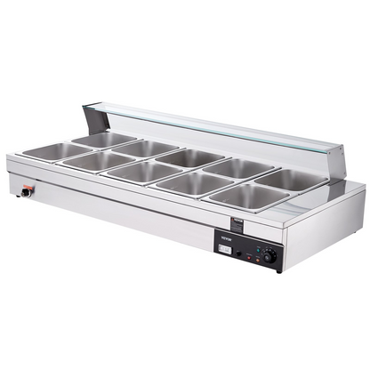 VEVOR 10-Pan Commercial Food Warmer, 10 x 12QT Electric Steam Table with Tempered Glass Cover, 1800W Countertop Stainless Steel Buffet Bain Marie 86-185°F Temp Control for Catering, Restaurant, Silver