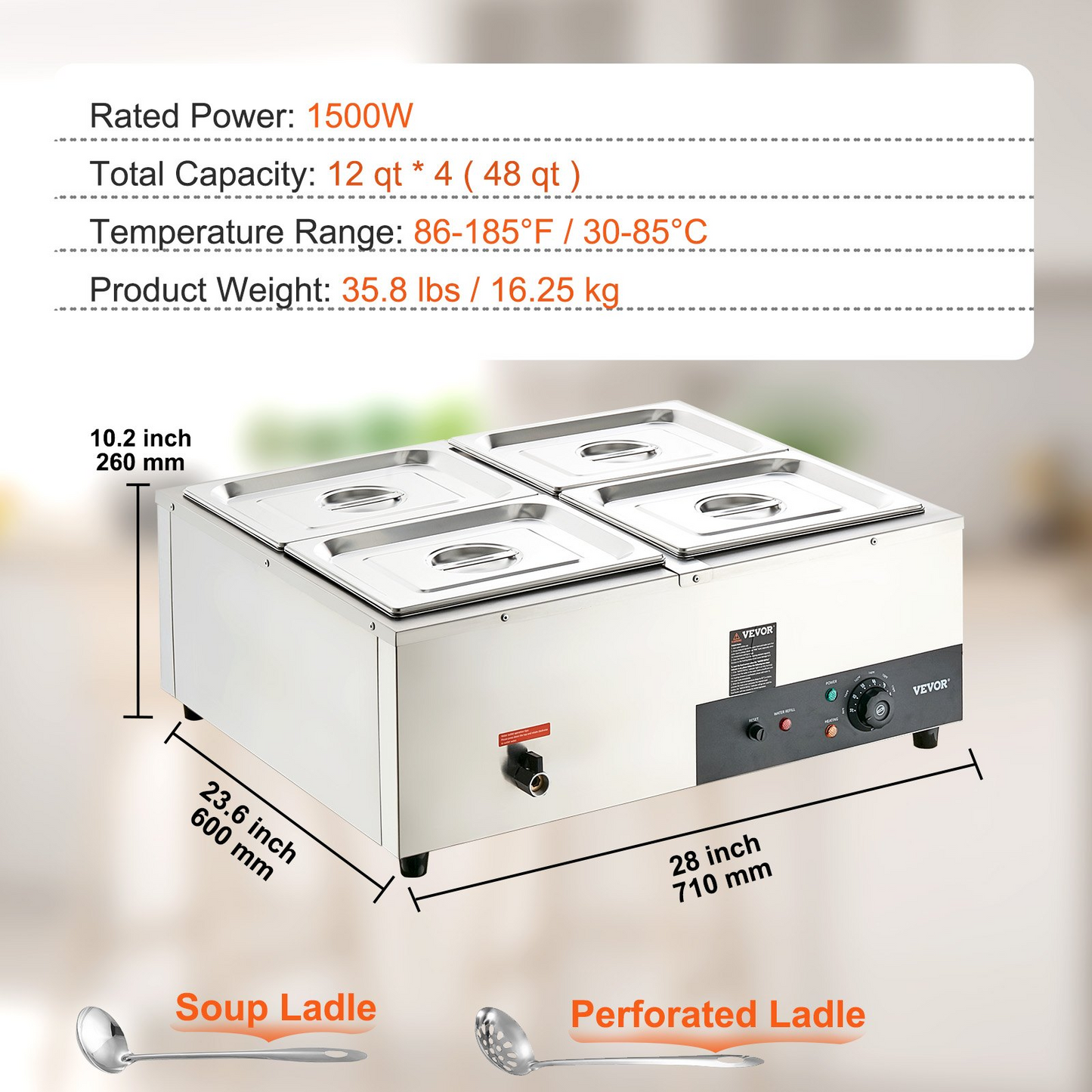 VEVOR 4-Pan Commercial Food Warmer, 4 x 12QT Electric Steam Table, 1500W Professional Countertop Stainless Steel Buffet Bain Marie with 86-185°F Temp Control for Catering and Restaurants, Silver