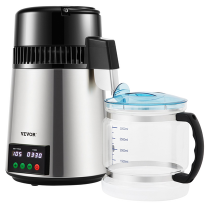 VEVOR 1.1 Gal Water Distiller, 0.3 Gal/H, 750W Distilled Water Maker Machine 0-99H Timing Set Temp Display, 304 Stainless Steel Countertop Distiller Glass Carafe Cleaning Powder 3 Carbon Packs, Silver