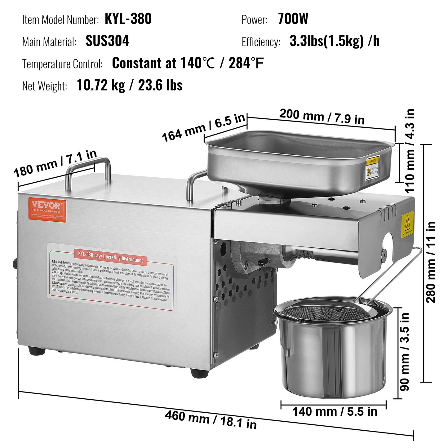 VEVOR Electric Oil Press Machine, 700W Stainless Steel Oil Extractor Machine, 140℃ / 284℉ Constant Temperature, Hot Press Oil Expeller for Pressing Peanuts, Sesame Seeds, Rapeseed, Tea Seeds