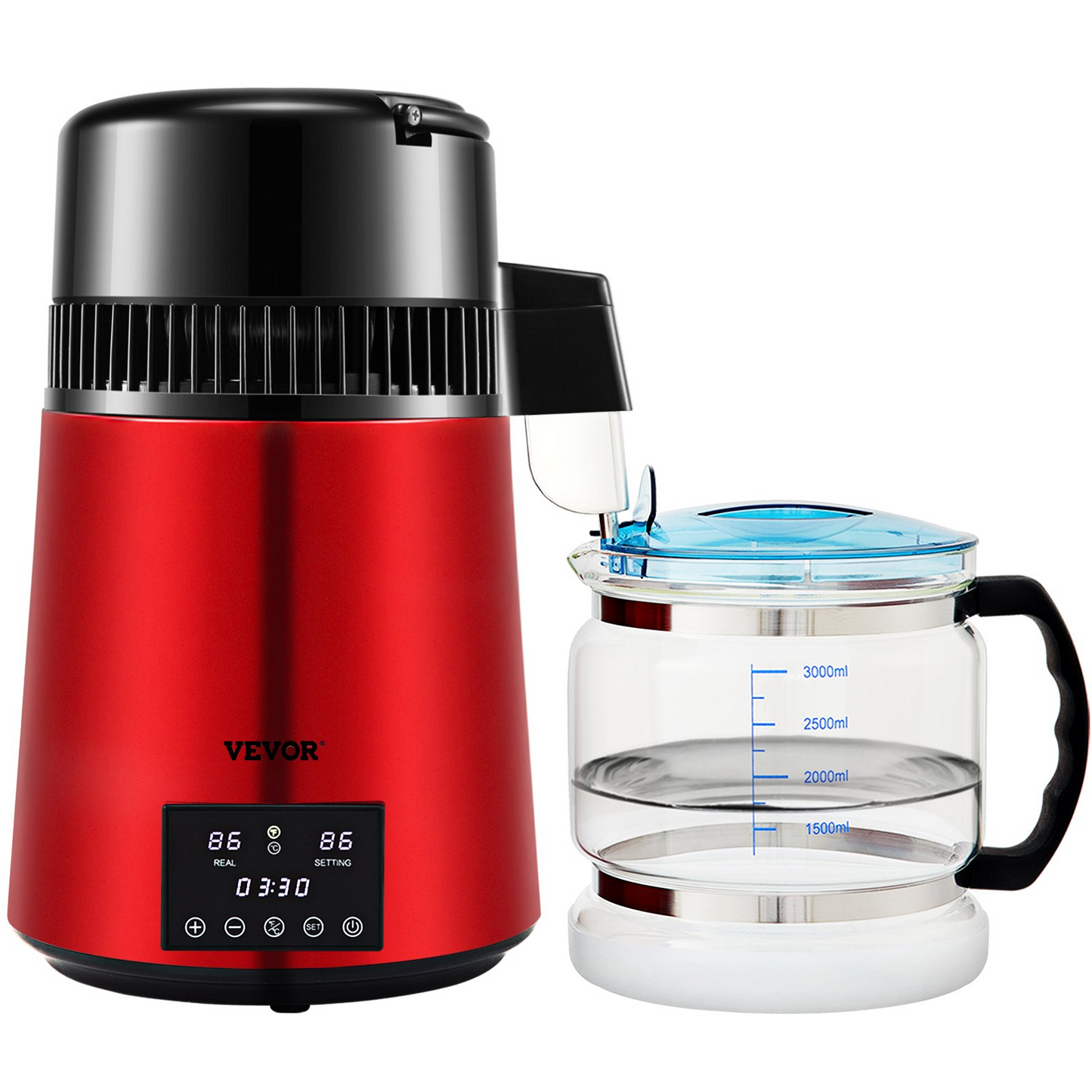 VEVOR 1.1Gal Water Distiller, 0.3Gal/H, 750W Distilled Water Maker Machine 0-99H Timing Dual Temp Display, 304 Stainless Steel Countertop Distiller Glass Carafe Cleaning Powder 3 Carbon Packs, Red