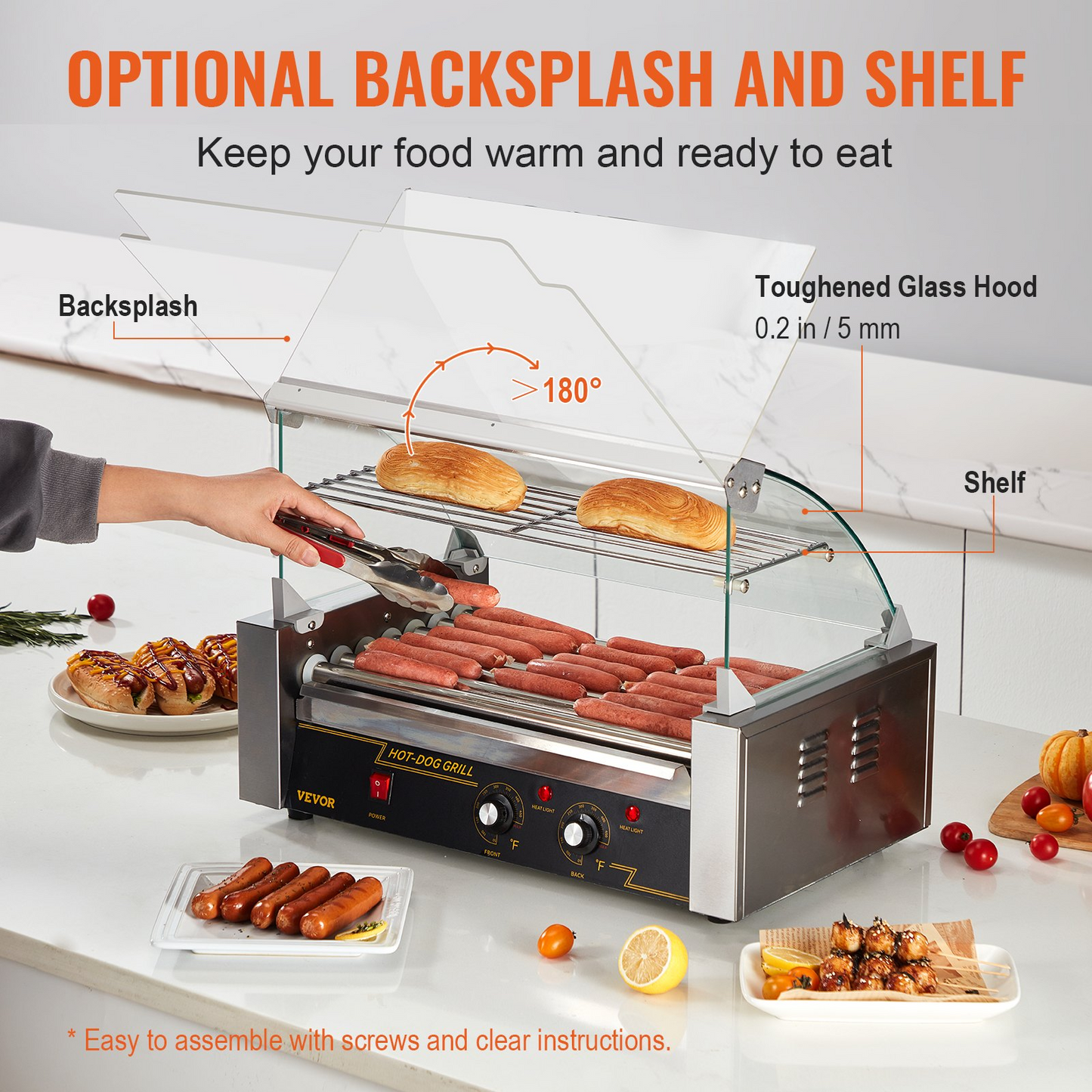 VEVOR Hot Dog Roller 7 Rollers 18 Hot Dogs Capacity 1050W Stainless Sausage Grill Cooker Machine with Dual Temp Control Glass Hood Acrylic Cover Bun Warmer Shelf Removable Oil Drip Tray, ETL Certified