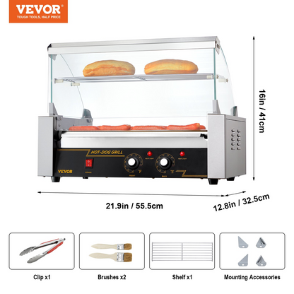 VEVOR Hot Dog Roller 7 Rollers 18 Hot Dogs Capacity 1050W Stainless Sausage Grill Cooker Machine with Dual Temp Control Glass Hood Acrylic Cover Bun Warmer Shelf Removable Oil Drip Tray, ETL Certified