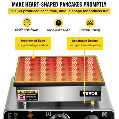 VEVOR Mini Dutch Pancake Maker, Heart-Shaped Dutch Pancake Machine, 25PCs Pancake Maker Electric Commercial, 850W Mini Pancake Maker, 110V Proffertjes Muffin Waffle Maker for Kitchen Bakery Snack Bar