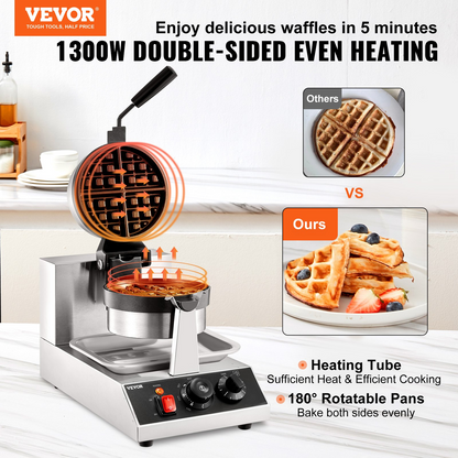 VEVOR Commerical Round Waffle Maker 1300W Rotatable Non-Stick Waffle Iron 120V