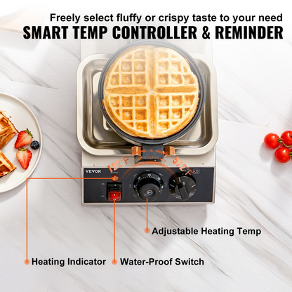 VEVOR Commerical Round Waffle Maker 1300W Rotatable Non-Stick Waffle Iron 120V