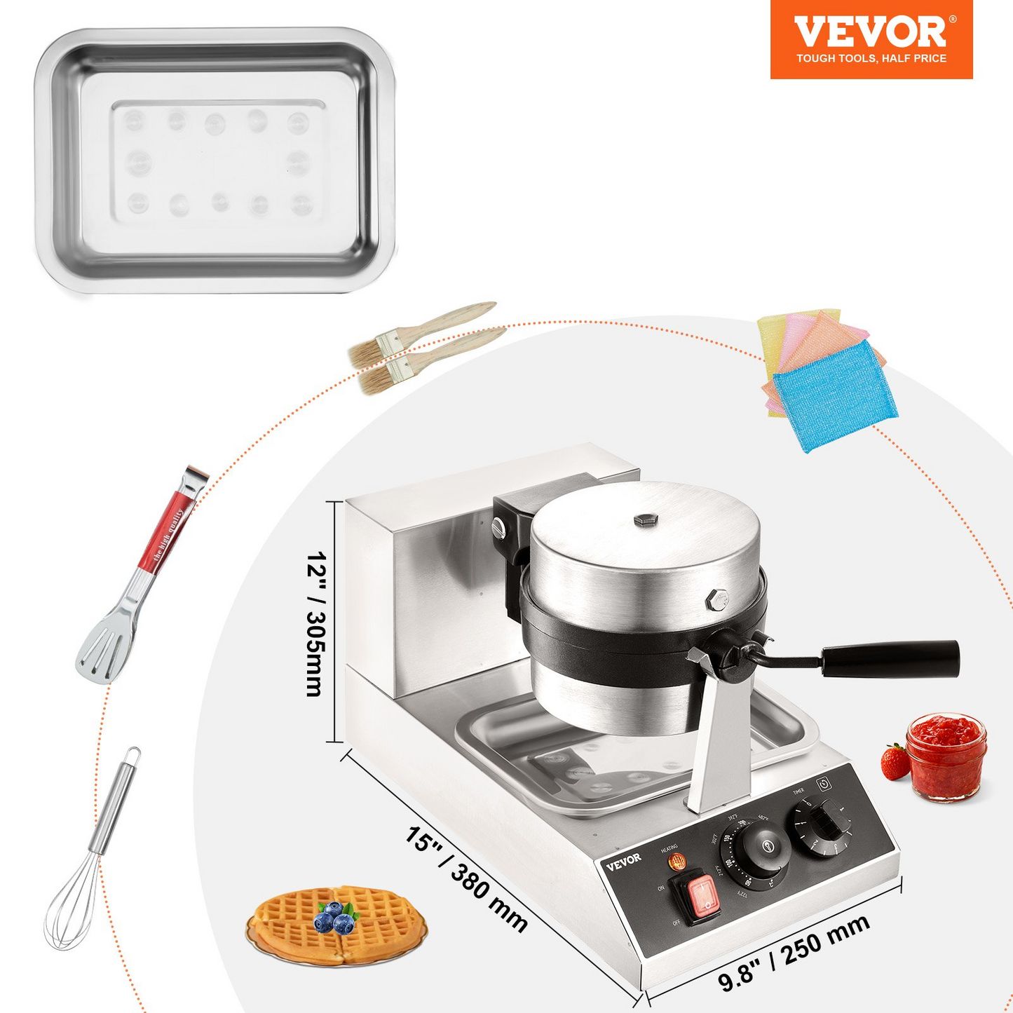 VEVOR Commerical Round Waffle Maker 1300W Rotatable Non-Stick Waffle Iron 120V