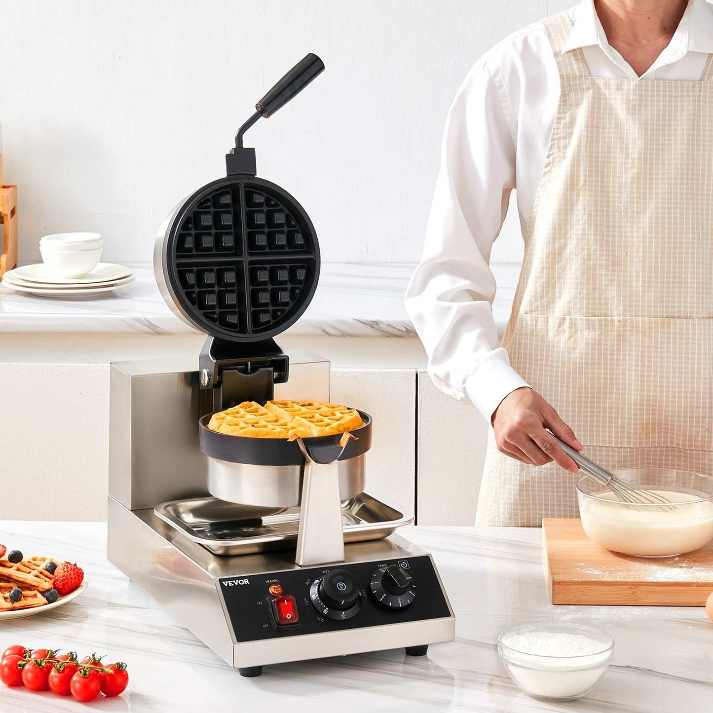 VEVOR Commerical Round Waffle Maker 1300W Rotatable Non-Stick Waffle Iron 120V