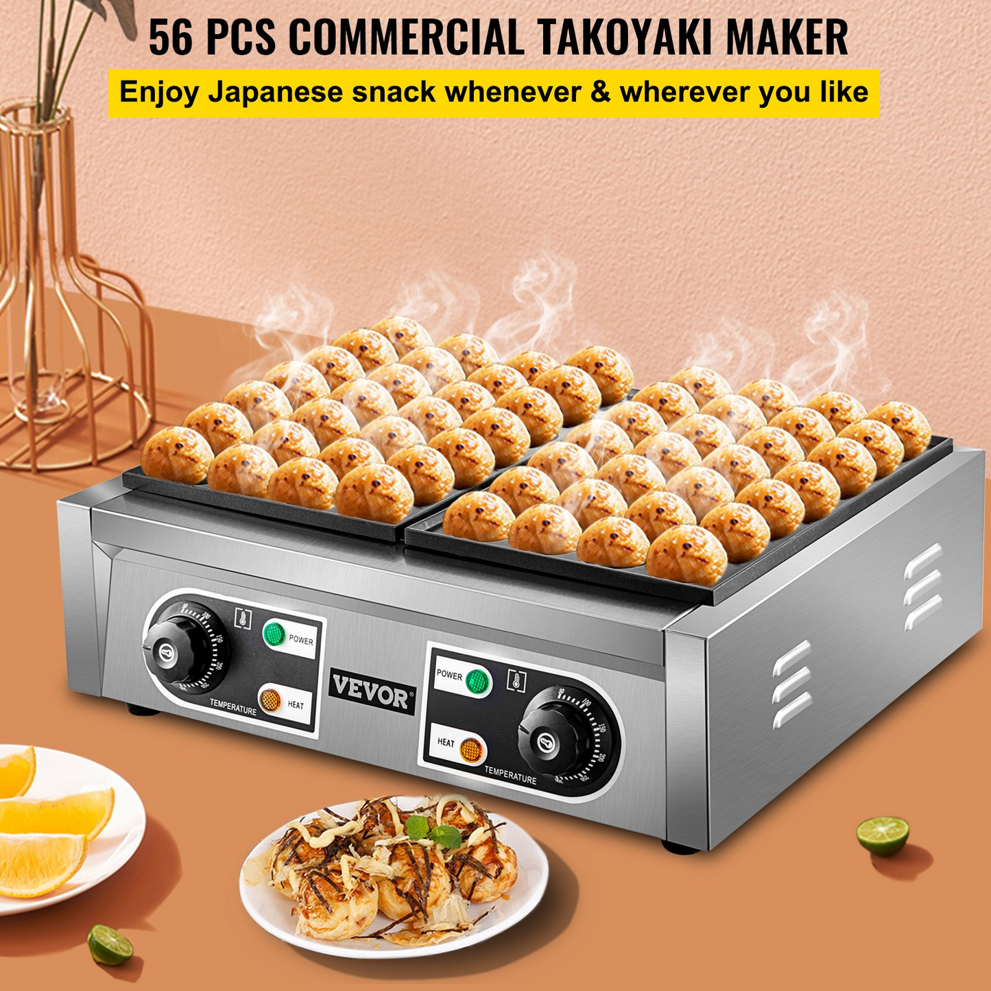 VEVOR Commercial Takoyaki Maker, 56PCs Japanese Octopus Fish Ball Machine, 2kW Heating Takoyaki Grill Maker, Octopus Meatball Machine w/ 2 Non-Stick Plates, Fish Ball Maker w/ Independent Temp Control