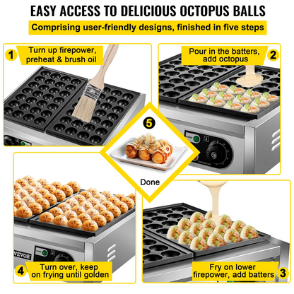 VEVOR Commercial Takoyaki Maker, 56PCs Japanese Octopus Fish Ball Machine, 2kW Heating Takoyaki Grill Maker, Octopus Meatball Machine w/ 2 Non-Stick Plates, Fish Ball Maker w/ Independent Temp Control