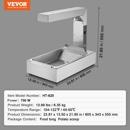 VEVOR French Fry Food Warmer, 750W Commercial Food Heating Lamp, Electric Stainless Steel Warming Light Dump Station, Countertop 104-122°F Fries Food Warmer for Chip Buffet Kitchen Restaurant, Silver