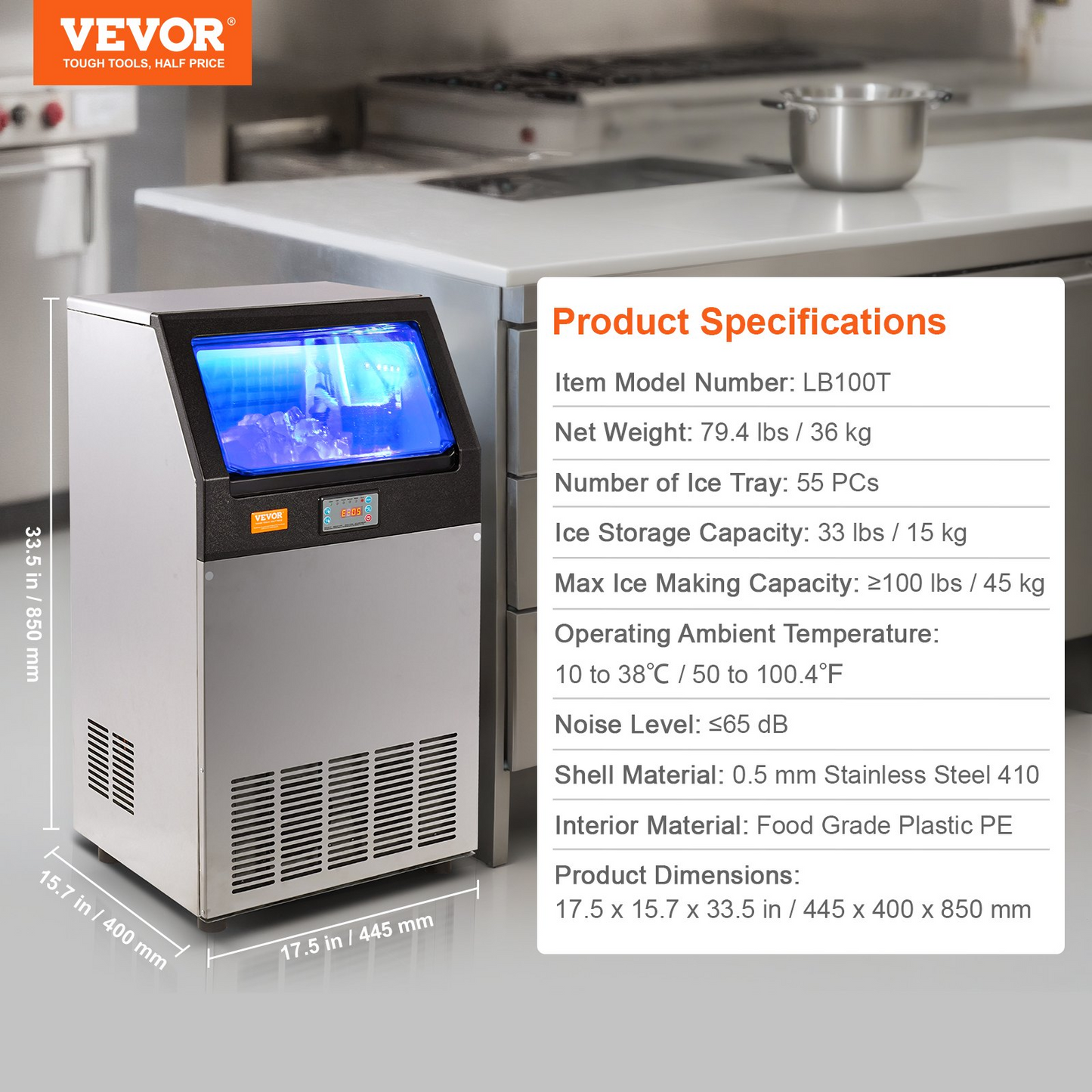 VEVOR Commercial Ice Maker, 100lbs/24H, Ice Maker Machine, 55 Ice Cubes in 12-15 Minutes, Freestanding Cabinet Ice Maker with 33lbs Storage Capacity LED Digital Display, for Bar Home Office Restaurant