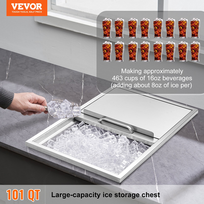 VEVOR Drop in Ice Chest, 27"L x 18"W x 21"H Stainless Steel Ice Cooler, Commercial Ice Bin with Sliding Cover, 40.9 qt Outdoor Kitchen Ice Bar, Drain-pipe and Drain Plug Included, for Cold Wine Beer