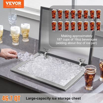 VEVOR Drop in Ice Chest, 20"L x 16"W x 13"H Stainless Steel Ice Cooler, Commercial Ice Bin with Hinged Cover, 40 qt Outdoor Kitchen Ice Bar, Drain-pipe and Drain Plug Included, for Cold Wine Beer