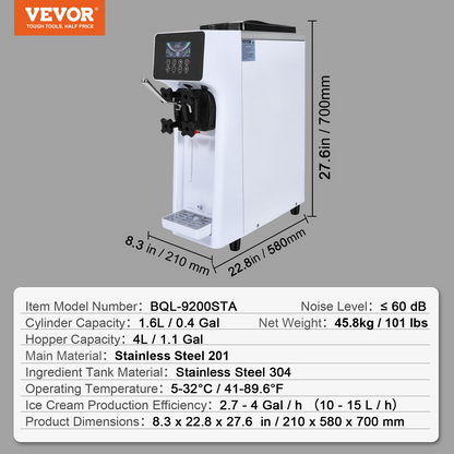 VEVOR Commercial Ice Cream Machine, 10.6 QT/H Yield, 1000W Single Flavor Countertop Soft Serve Ice Cream Maker, with 4L Hopper 1.6L Cylinder, LCD Panel Auto Clean Pre-cooling, for Restaurant Snack Bar