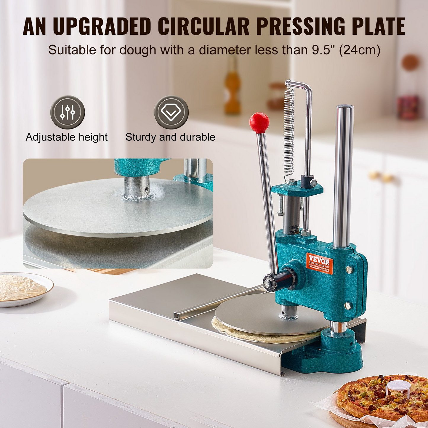 VEVOR Manual Pizza Dough Press Machine, 9.5inch/24cm Household Pizza Pastry, Stainless Steel Pizza Presser, Commercial Chapati Sheet Pizza Crust Press Plate, Height Adjustable Pizza Forming Machine