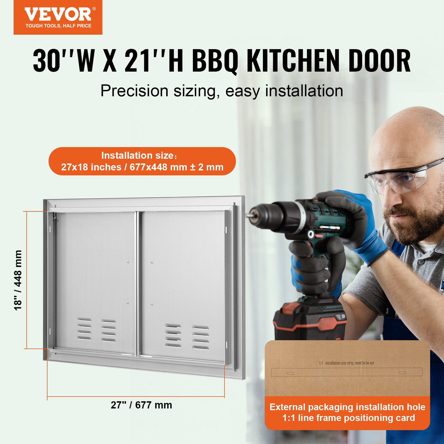 VEVOR BBQ Access Door, 30W x 21H Inch Double Outdoor Kitchen Door, Stainless Steel Flush Mount Door, Wall Vertical Door with Handles and Vents, for BBQ Island, Grilling Station, Outside Cabinet