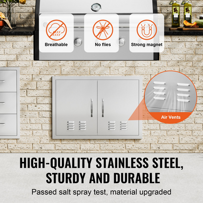 VEVOR BBQ Access Door, 30W x 21H Inch Double Outdoor Kitchen Door, Stainless Steel Flush Mount Door, Wall Vertical Door with Handles and Vents, for BBQ Island, Grilling Station, Outside Cabinet