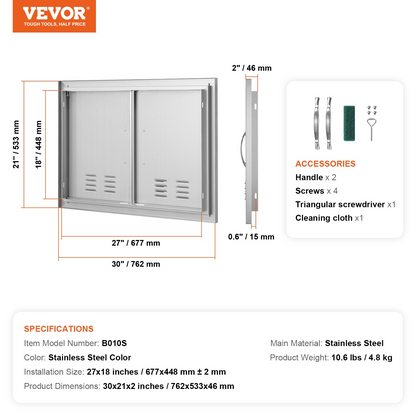 VEVOR BBQ Access Door, 30W x 21H Inch Double Outdoor Kitchen Door, Stainless Steel Flush Mount Door, Wall Vertical Door with Handles and Vents, for BBQ Island, Grilling Station, Outside Cabinet