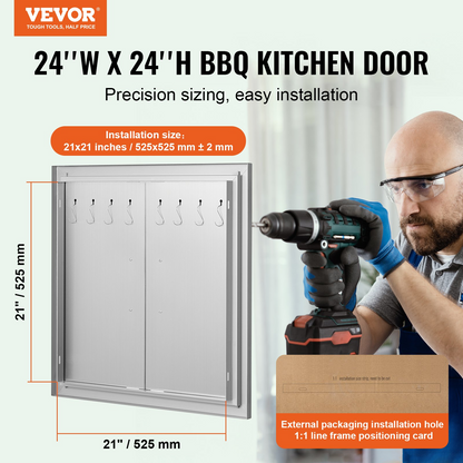 VEVOR BBQ Access Door, 24W x 24H Inch Double Outdoor Kitchen Door, Stainless Steel Flush Mount Door, Double Wall Vertical Door with Handles and Hooks, for BBQ Island, Grilling Station, Outside Cabinet