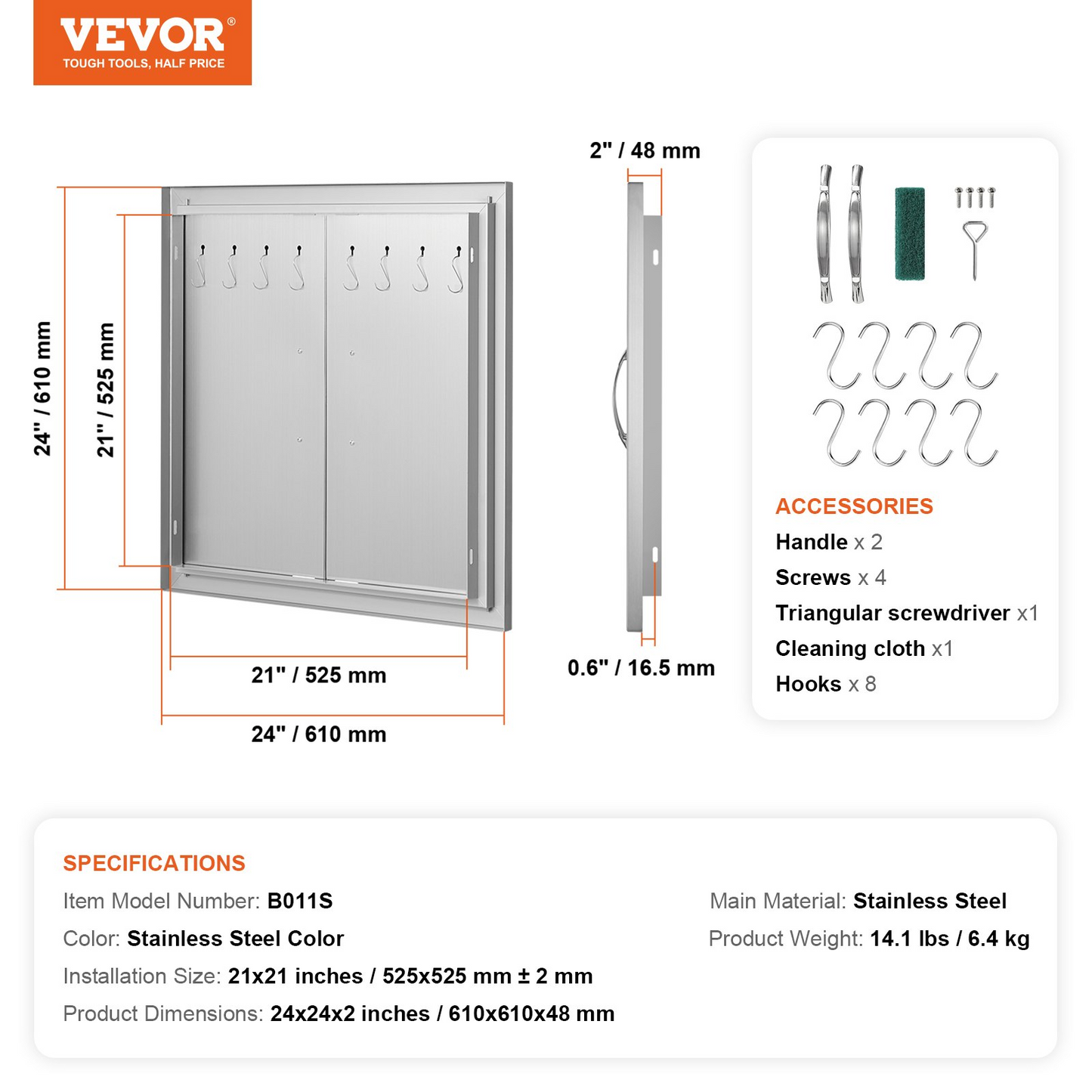 VEVOR BBQ Access Door, 24W x 24H Inch Double Outdoor Kitchen Door, Stainless Steel Flush Mount Door, Double Wall Vertical Door with Handles and Hooks, for BBQ Island, Grilling Station, Outside Cabinet