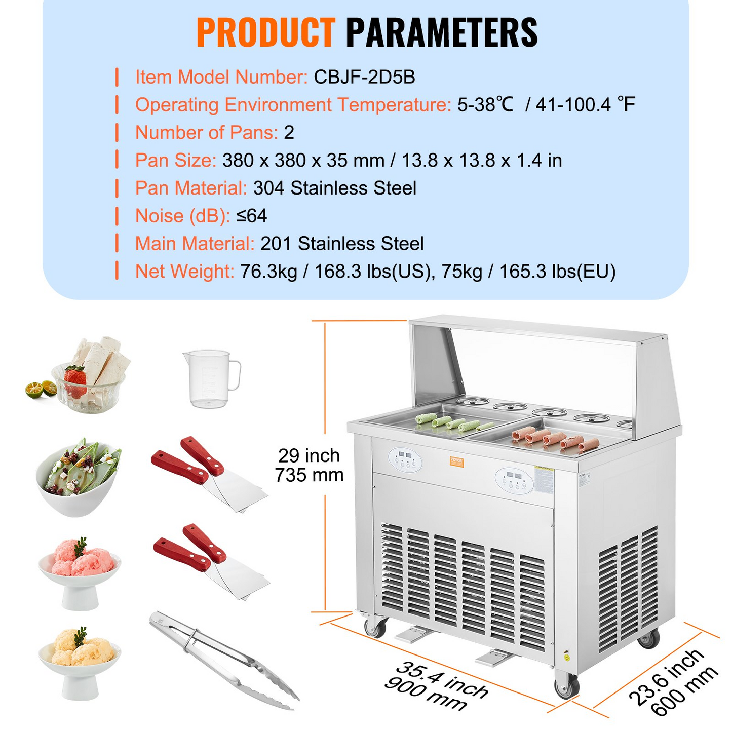 VEVOR Fried Ice Cream Roll Machine, 2Pcs 13.8" x 13.8" Square Stir-Fried Ice Cream Pans, Stainless Steel Commercial Rolled Ice Cream Maker with Compressor and 4 Scrapers, for Ice Cream, Frozen Yogurt