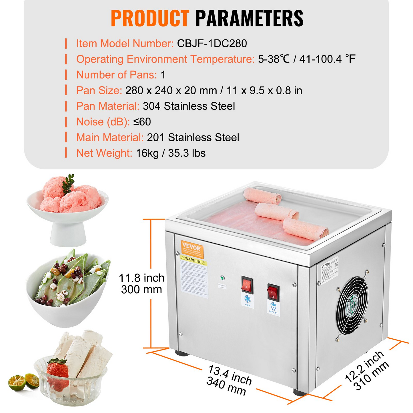 VEVOR Fried Ice Cream Roll Machine, 11" x 9.5" Stir-Fried Ice Cream Pan, Stainless Steel Rolled Ice Cream Maker with Compressor and 2 Scrapers, for Making Ice Cream, Frozen Yogurt, Ice Cream Rolls