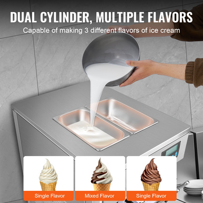 VEVOR Commercial Ice Cream Machine, 21 QT/H Yield, 1800W 3-Flavor Countertop Soft Serve Ice Cream Maker, 2 x 4L Hopper 2 x 1.8L Cylinder, LCD Panel Auto Clean Pre-cooling, for Restaurant Snack Bar