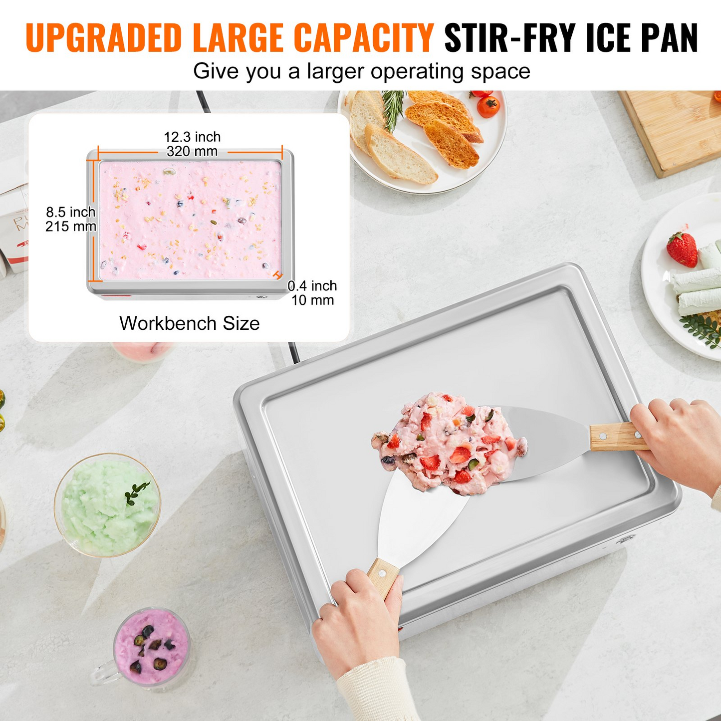 VEVOR Fried Ice Cream Roll Machine, 19.3" x 14.9" Stir-Fried Ice Cream Pan, Stainless Steel Rolled Ice Cream Maker with Compressor and 2 Scrapers, for Making Ice Cream, Frozen Yogurt, Ice Cream Rolls