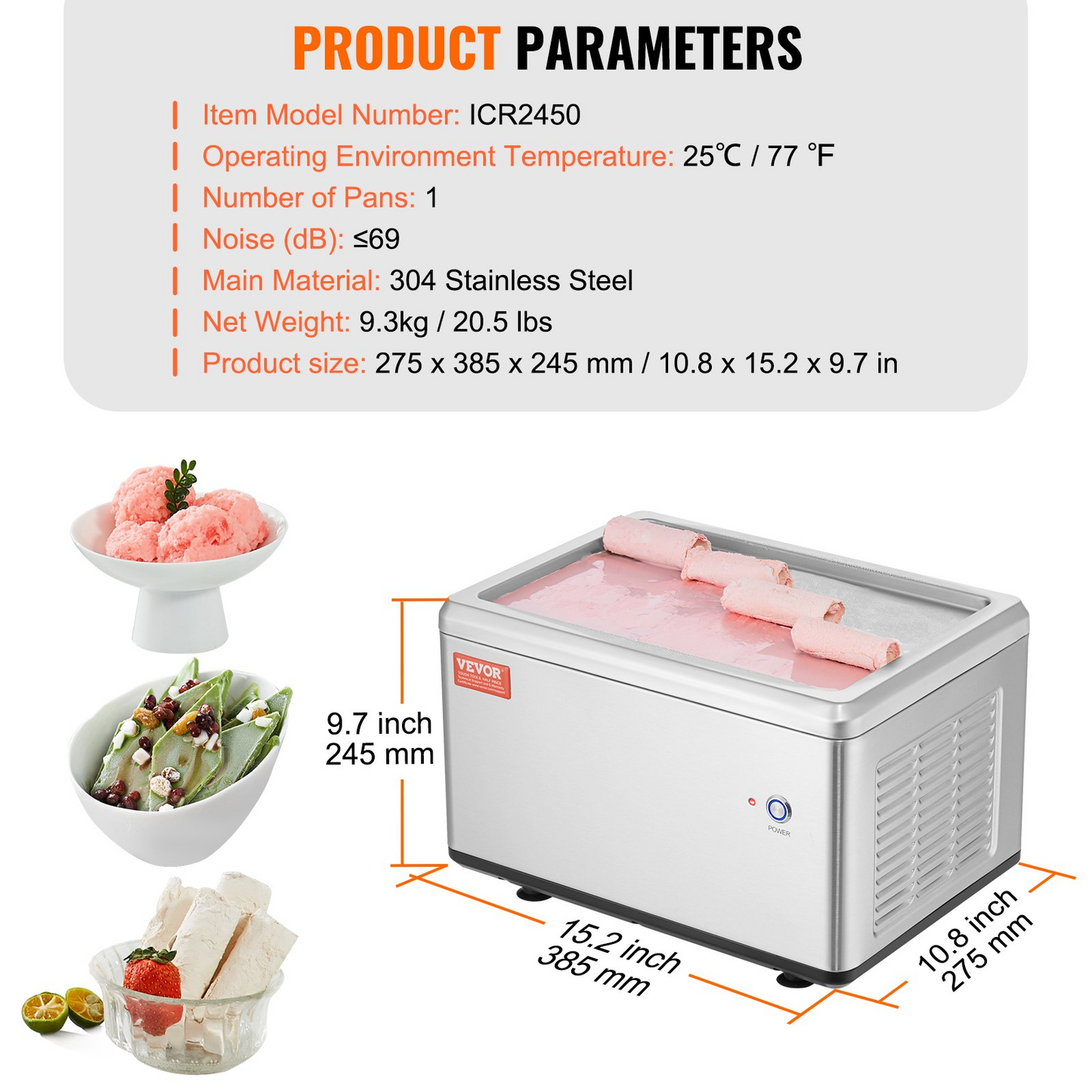 VEVOR Fried Ice Cream Roll Machine, 19.3" x 14.9" Stir-Fried Ice Cream Pan, Stainless Steel Rolled Ice Cream Maker with Compressor and 2 Scrapers, for Making Ice Cream, Frozen Yogurt, Ice Cream Rolls