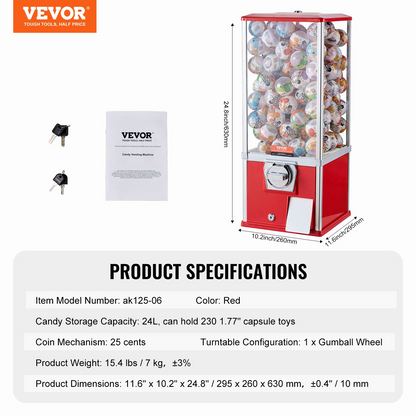 VEVOR 25"H Gumball Machine Vending Coin Bank Vintage Gumballs Dispenser PS Red