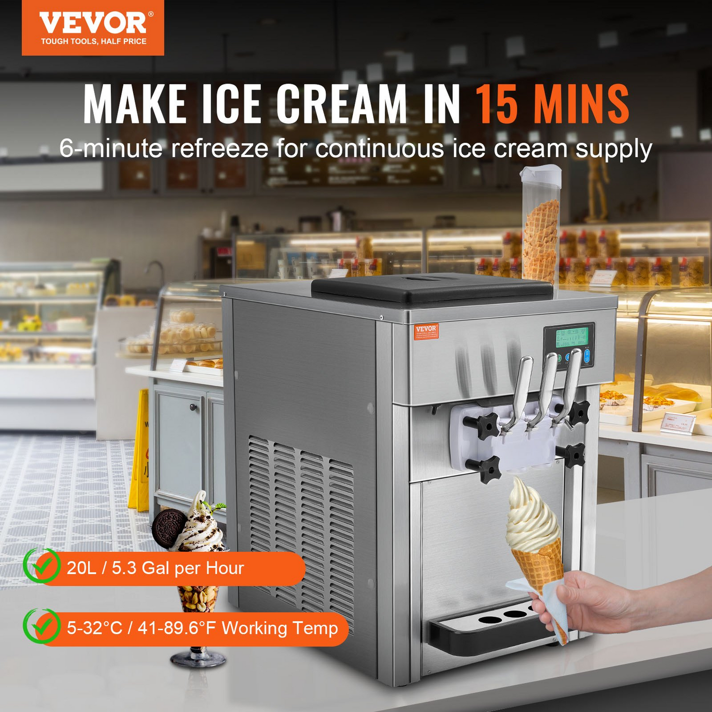 VEVOR Commercial Ice Cream Machine, 21 QT/H Yield, 1800W 3-Flavor Countertop Soft Serve Ice Cream Maker, 2 x 4L Hopper 2 x 1.8L Cylinder, LCD Panel Auto Clean Pre-cooling, for Restaurant Snack Bar