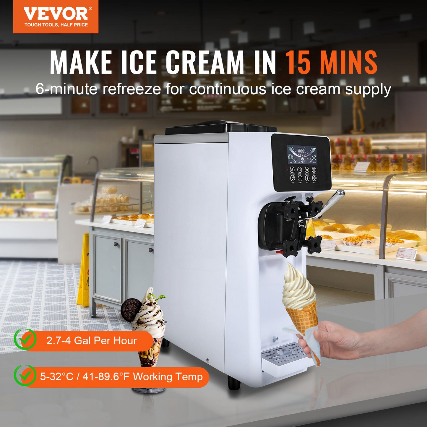 VEVOR Commercial Ice Cream Machine, 10.6 QT/H Yield, 1000W Single Flavor Countertop Soft Serve Ice Cream Maker, with 4L Hopper 1.6L Cylinder, LCD Panel Auto Clean Pre-cooling, for Restaurant Snack Bar