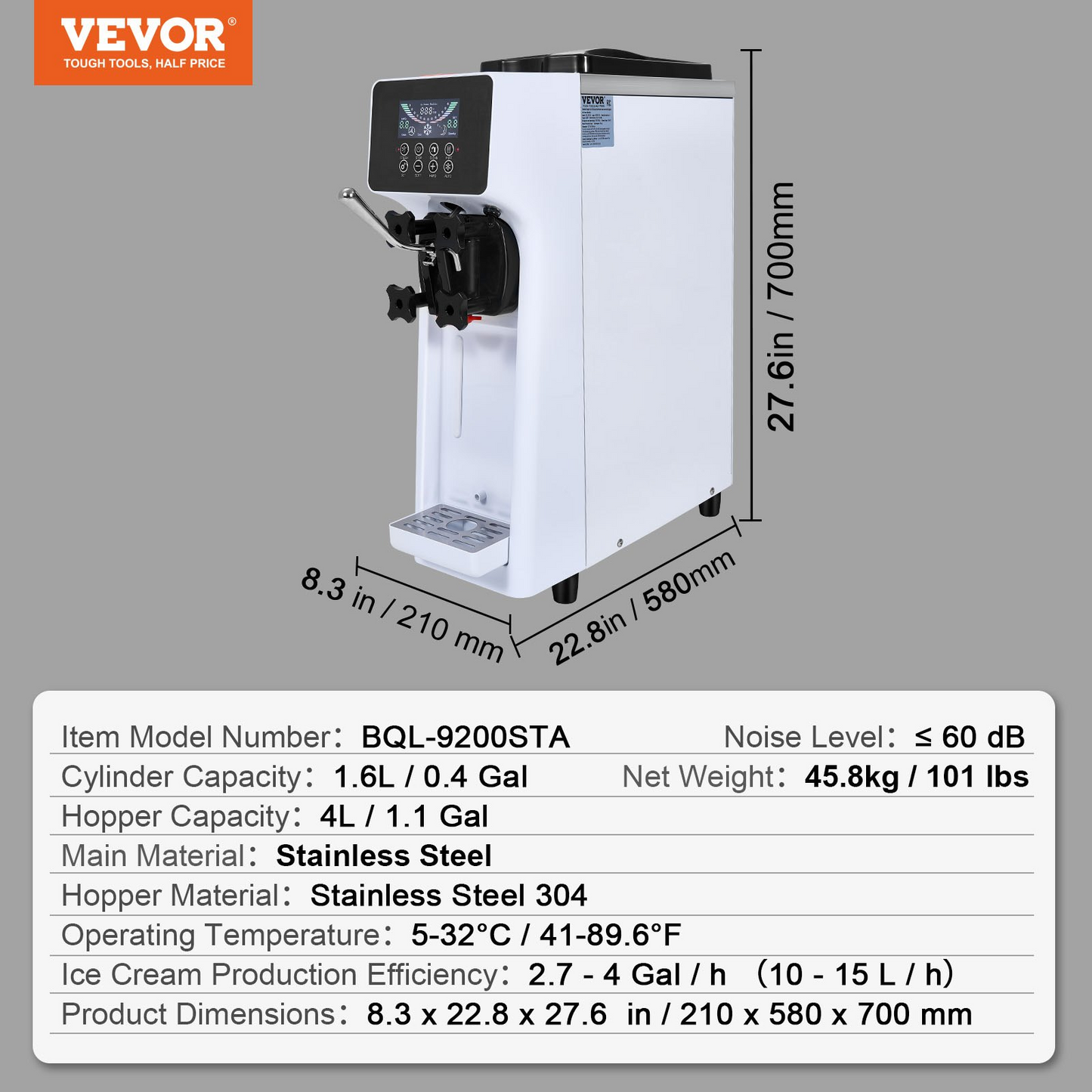 VEVOR Commercial Ice Cream Machine, 10.6 QT/H Yield, 1000W Single Flavor Countertop Soft Serve Ice Cream Maker, with 4L Hopper 1.6L Cylinder, LCD Panel Auto Clean Pre-cooling, for Restaurant Snack Bar